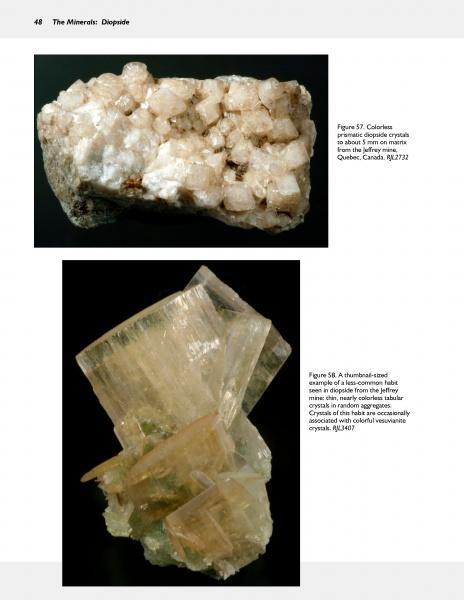 Top: Explore colorless to pale brown diopside clusters on matrix and greenish diopside crystals in "Collector's Guide to the Pyroxene Group" by Schiffer Publishing, Ltd.—an essential for every mineral collector.