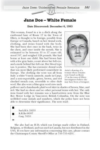 Gone Missing in New York by Schiffer Publishing, Ltd. includes a forensic sketch of an unidentified white female from a 1983 case, describing her estimated age, clothing, and personal items like a ring and motel key found with her remains.
