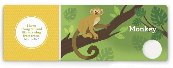 From Schiffer Publishing’s Think Zoo Animals, a cartoon monkey with a long tail sits on a branch. The text asks, “I have a long tail and like to swing from trees. What can I be?” The answer, Monkey, appears on the right.