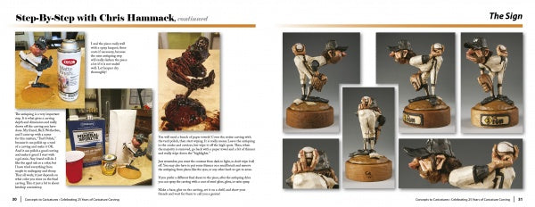 A magazine spread from Schiffer Publishing’s "Concepts to Caricatures" features Chris Hammack’s step-by-step guide, complete with baseball player figurines, woodcarving patterns, sculpting tools, materials, and expert tips.
