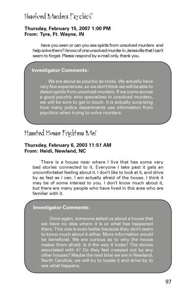 A page from "You've Got Ghosts!" by Schiffer Publishing, Ltd. shows two bolded sections: “Unsolved Murders Psychic?” and “Haunted House Frightens Me!” Each details haunted mysteries, dates, senders, locations, messages, and Investigator Comments.