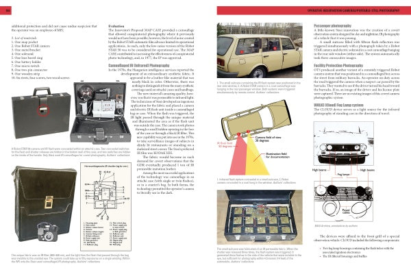 A two-page spread from The Secret History of STASI Spy Cameras by Schiffer Publishing, Ltd. features diagrams, photos of spy gear and bugged cars, subminiature cameras, plus technical illustrations, each with descriptive text.