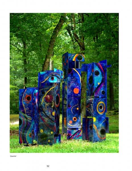 A Universe of Metal Sculpture" by Schiffer Publishing, Ltd. features vibrant abstract metalwork—tall, rectangular blocks painted in swirling blue, red, orange, and yellow—standing on grass in a lush, wooded park.