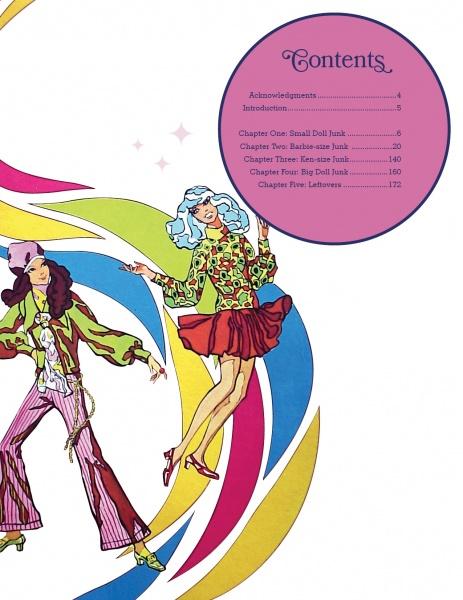 Two women in vibrant 1970s doll-inspired outfits pose stylishly with curved rainbow stripes behind them. The top right features a round Contents section listing chapters. Doll Junk from Schiffer Publishing, Ltd.