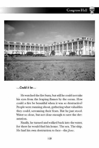 A black and white photo of a large, curved, multi-story building with columns appears under a clear sky. Below is an excerpt titled "Congress Hall" with Cape May ghost stories from Cape May Haunts by Schiffer Publishing, Ltd., page 139.