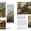 A spread from "Emerging from the Shadows, Vol. II" by Schiffer Publishing, Ltd. showcases five works by California women artists—forest scenes, a campsite, figures with plants, and close-ups of bird of paradise and thistle, with captions and artist credits.