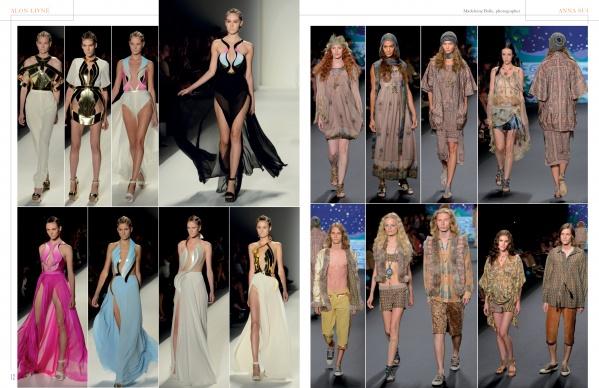 A two-page spread from *The SFP LookBook: Mercedes-Benz Fashion Week Spring 2014 Collections* by Schiffer Publishing, Ltd. features models in swimsuits, gowns, and patterned casual wear, capturing the season's top runway trends.