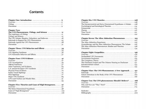The UFO Phenomenon: Should I Believe? by Schiffer Publishing, Ltd. features a table of contents listing chapters on introduction, UFO theories, alien abductions, close encounters, high strangeness, and other topics.