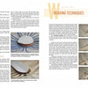 A spread from "Award-Winning Basket Designs" by Schiffer Publishing, Ltd. features the heading “Weaving Techniques,” text on basket weaving, and step-by-step photos showing hands weaving thin strips over a rounded basket base.
