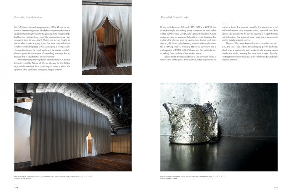 A two-page spread from Cast (Schiffer Publishing, Ltd.) highlights modern craft: left, white fabric drapes create a tunnel in an industrial space; right, a reflective silver sculpture made via advanced casting stands against a gray wall. Text and credits above.