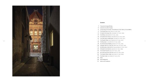 A nighttime view reveals the warmly lit brick facade and arched windows of City Hall, highlighting American civic architecture. On the right, Schiffer Publishing, Ltd.’s contents page lists chapters and page numbers in black on white.