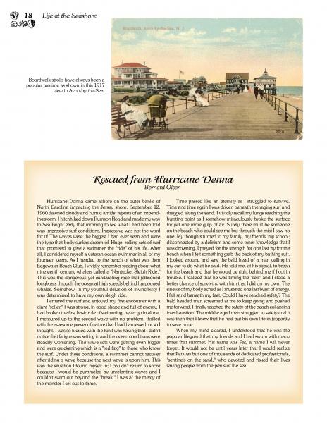 A vintage postcard from "Lifeguards of the Jersey Shore" by Schiffer Publishing, Ltd. depicts people strolling a seaside boardwalk near a pier, with text below sharing a story of rescue, celebrating New Jersey lifeguard history.