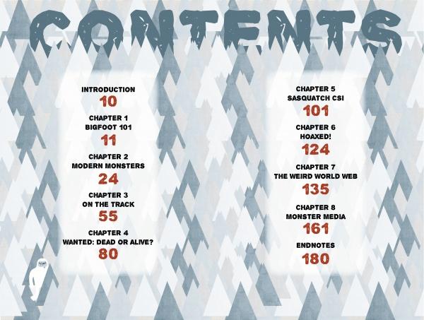 Seeking Bigfoot by Schiffer Publishing, Ltd. features a table of contents with a snowy forest background. Sections like Bigfoot 101 and Sasquatch CSI reveal Bigfoot sightings and evidence from a cryptozoologist’s view. Red page numbers.
