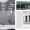 A two-page spread from "WPA Buildings" by Schiffer Publishing, Ltd.: the left page shows a grand wooden-paneled courtroom; the right displays exterior photos of a WPA Moderne courthouse with columns and text on courthouse design.