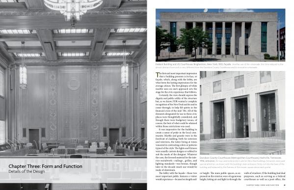 A two-page spread from "WPA Buildings" by Schiffer Publishing, Ltd.: the left page shows a grand wooden-paneled courtroom; the right displays exterior photos of a WPA Moderne courthouse with columns and text on courthouse design.