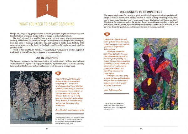 Two pages from "Master Your Craft" by Schiffer Publishing, Ltd. explore starting product design, finding joy in learning, and embracing imperfection, with the right page featuring a colorful abstract flower amid quotes on artisan skills and craftwork.