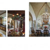 Three images from "Christmas by Design" by Schiffer Publishing, Ltd. inspire festive décor: a luxe home bar, chandelier-lit dining with a Christmas tree, and a cozy nook—all styled by professional interior designers.