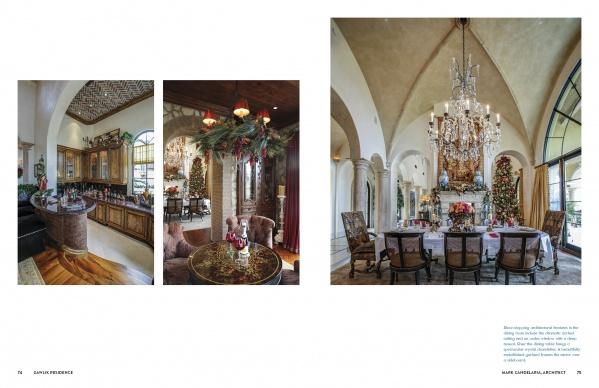 Three images from "Christmas by Design" by Schiffer Publishing, Ltd. inspire festive décor: a luxe home bar, chandelier-lit dining with a Christmas tree, and a cozy nook—all styled by professional interior designers.