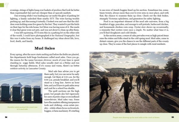 A scene from Lancaster County shows people strolling between market stalls on a sunny day, with portable toilets nearby. Reflections glisten on the wet ground. "Lancaster County Bucket List" by Schiffer Publishing, Ltd. is overlaid on the image.