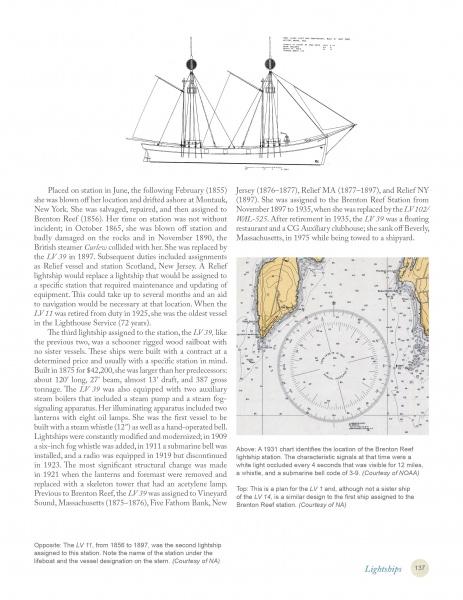 A page from "Lighthouses and Lightships of Rhode Island" by Schiffer Publishing, Ltd. features a lightship drawing, a coastal waterways map, and columns of text detailing lighthouse history and lightship stations.