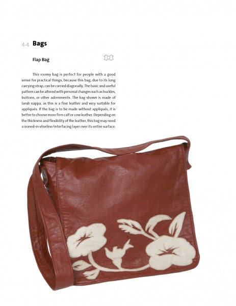 The Leather bag by Schiffer Publishing, Ltd. features a brown leather flap, long shoulder strap, and white floral appliqué. It's showcased next to a description and instructions for crafting—a great find for leather enthusiasts.