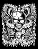 Bold black-and-white ink drawing of a skull in sunglasses, flames, cobras, billiard balls, and SICK/HEAD banners—evoking Dirty Donny Gillies’ pop culture coloring style from "Mind Melter" by Schiffer Publishing, Ltd.