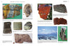 A page from Stromatolites by Schiffer Publishing, Ltd. features color photos of diverse rock samples, including fossilized stromatolites shown with a coin for scale and a landscape image of a mountain and rocky shore beneath partly cloudy skies.