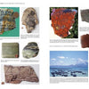 A page from Stromatolites by Schiffer Publishing, Ltd. features color photos of diverse rock samples, including fossilized stromatolites shown with a coin for scale and a landscape image of a mountain and rocky shore beneath partly cloudy skies.