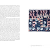On the left page is text, while the right shows a vibrant, geometric quilt in pink, black, grey, and white. Caption: Container/Calico, 1981, Dy. h. 18 in. From "Exploring Your Artistic Voice in Contemporary Quilt Art" by Schiffer Publishing, Ltd.