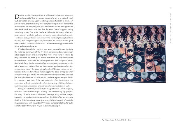 On the left page is text, while the right shows a vibrant, geometric quilt in pink, black, grey, and white. Caption: Container/Calico, 1981, Dy. h. 18 in. From "Exploring Your Artistic Voice in Contemporary Quilt Art" by Schiffer Publishing, Ltd.