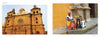 Left: The historic twin-towered church stands tall. Right: A woman in a vibrant dress sits by a fruit-laden table against a yellow wall, capturing the adventure of global travel in "Seven Continents" from Schiffer Publishing, Ltd.