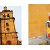 Left: The historic twin-towered church stands tall. Right: A woman in a vibrant dress sits by a fruit-laden table against a yellow wall, capturing the adventure of global travel in "Seven Continents" from Schiffer Publishing, Ltd.