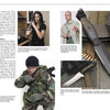 A collage promotes "Combat Knives and Knife Combat" by Schiffer Publishing, Ltd., showing people with various knives in defense settings—highlighting tactical gear, self-defense blades, and combat-related backgrounds.