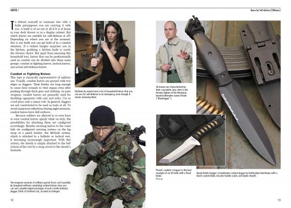 A collage promotes "Combat Knives and Knife Combat" by Schiffer Publishing, Ltd., showing people with various knives in defense settings—highlighting tactical gear, self-defense blades, and combat-related backgrounds.