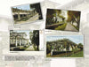 The “Greetings From Pasadena” postcard collage by Schiffer Publishing, Ltd. features four vintage Pasadena scenes—historic hotels and tree-lined paths from the early 1900s—set on a faded backdrop with text at the bottom.