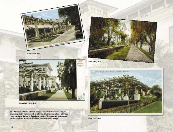 The “Greetings From Pasadena” postcard collage by Schiffer Publishing, Ltd. features four vintage Pasadena scenes—historic hotels and tree-lined paths from the early 1900s—set on a faded backdrop with text at the bottom.