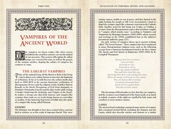 Two pages of an open book titled Vampire Evolution by Schiffer Publishing, Ltd. feature world vampire history and early folklore like Ekkimu and Lamia, with vintage design, decorative borders, and columned text.