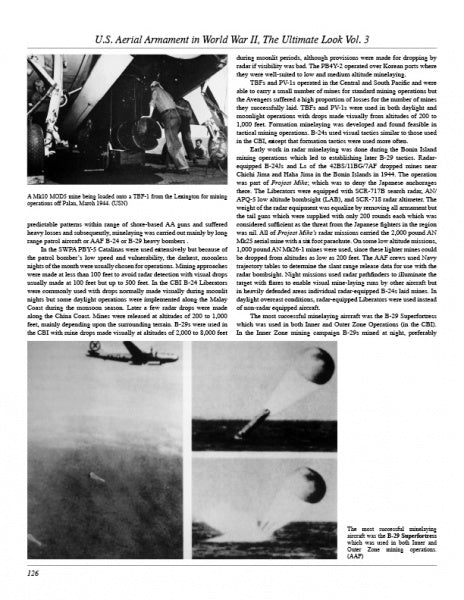 A black and white magazine page from "U.S. Aerial Armament in World War II – The Ultimate Look" by Schiffer Publishing, Ltd. shows aircraft, bombs dropping, explosions over water, and detailed captions with historical text by William Wolf.