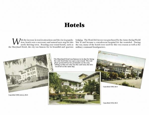 Greetings From Pasadena by Schiffer Publishing, Ltd. features a collage of vintage Pasadena postcards and historic hotel photos, plus text about landmarks like the Maryland Hotel, local architecture, and WWII history.