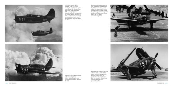 Four black-and-white WWII photos of the SB2C Helldiver by Schiffer Publishing, Ltd., show the US Navy dive bomber in flight above clouds and on carrier decks, as part of the Legends of Warfare series. Includes action shots of planes 534 and 157.