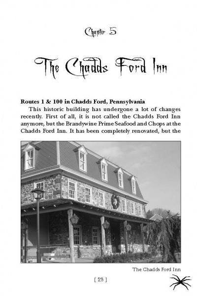 A black-and-white page from Schiffer Publishing, Ltd.'s "Brandywine Valley Ghosts" shows a photo of The Chadds Ford Inn's colonial architecture, a site often featured in Southeastern Pennsylvania ghost lore.