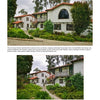 Two images of a white Spanish-style home in Rancho Santa Fe, designed by Lilian J. Rice, highlight Mediterranean architecture—red tile roof, green trim, arched windows, and balconies amid lush landscaping. Schiffer Publishing, Ltd. credits frame each photo.