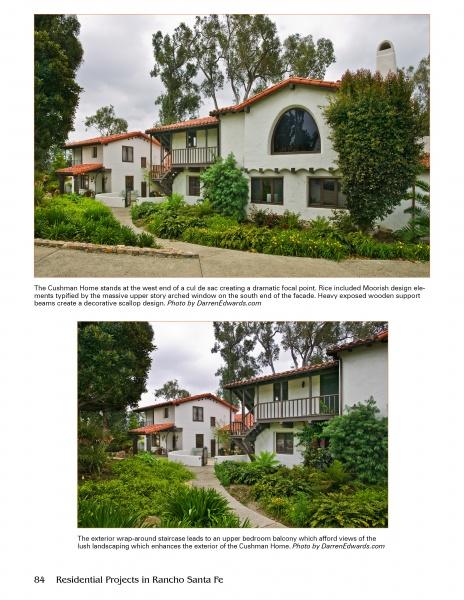 Two images of a white Spanish-style home in Rancho Santa Fe, designed by Lilian J. Rice, highlight Mediterranean architecture—red tile roof, green trim, arched windows, and balconies amid lush landscaping. Schiffer Publishing, Ltd. credits frame each photo.