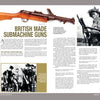 A magazine spread titled “BRITISH MADE SUBMACHINE GUNS” from Schiffer Publishing, Ltd.'s book "The Sten" features a vintage STEN submachine gun, a WWII soldier holding it, and smaller photos with historical info on British elite forces.