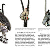 Three quail-shaped mosaic inlay jewelry pieces, featured in "Figural Designs in Zuni Jewelry" by Schiffer Publishing, Ltd., are displayed on a white background with detailed text beneath each unique design.