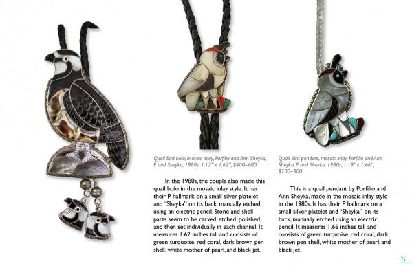 Three quail-shaped mosaic inlay jewelry pieces, featured in "Figural Designs in Zuni Jewelry" by Schiffer Publishing, Ltd., are displayed on a white background with detailed text beneath each unique design.