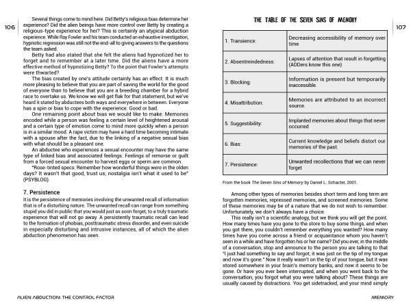 Two pages in "Alien Abduction" by Schiffer Publishing, Ltd. discuss memory, highlighting a table titled "The Table of the Seven Sins of Memory" that lists common failures used by some UFO investigators to explain alien abductions.