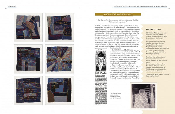 On the left page of World War II Quilts, 2nd Edition by Schiffer Publishing, quilt squares with text and designs appear; the right shows a newspaper clipping, soldier portrait, gold-bordered heading, and folded U.S. flag photo—reflecting patriotic themes.