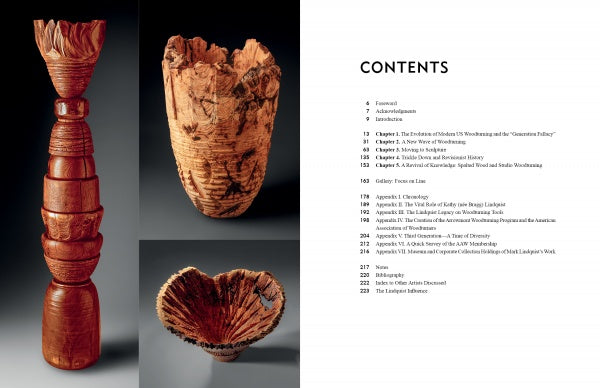 On the left, "The Lindquist Legacy" by Schiffer Publishing, Ltd. displays three intricately carved wooden vessels; on the right, a contents page outlines chapters and topics on woodturning and landscape art.