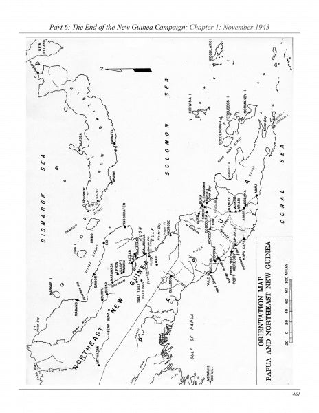 A black-and-white orientation map from Schiffer Publishing’s "The 5th Fighter Command in World War II Vol. 2" shows Papua, northeastern New Guinea, and key labeled sites tied to Pacific air operations and 5th Fighter Command missions.